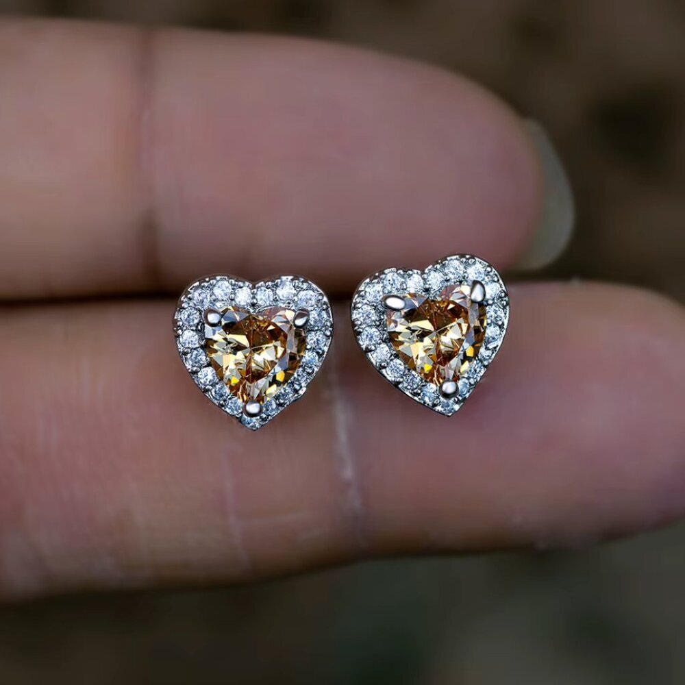 14k White Gold Champagne Diamond Earrings Heart Stud Earrings